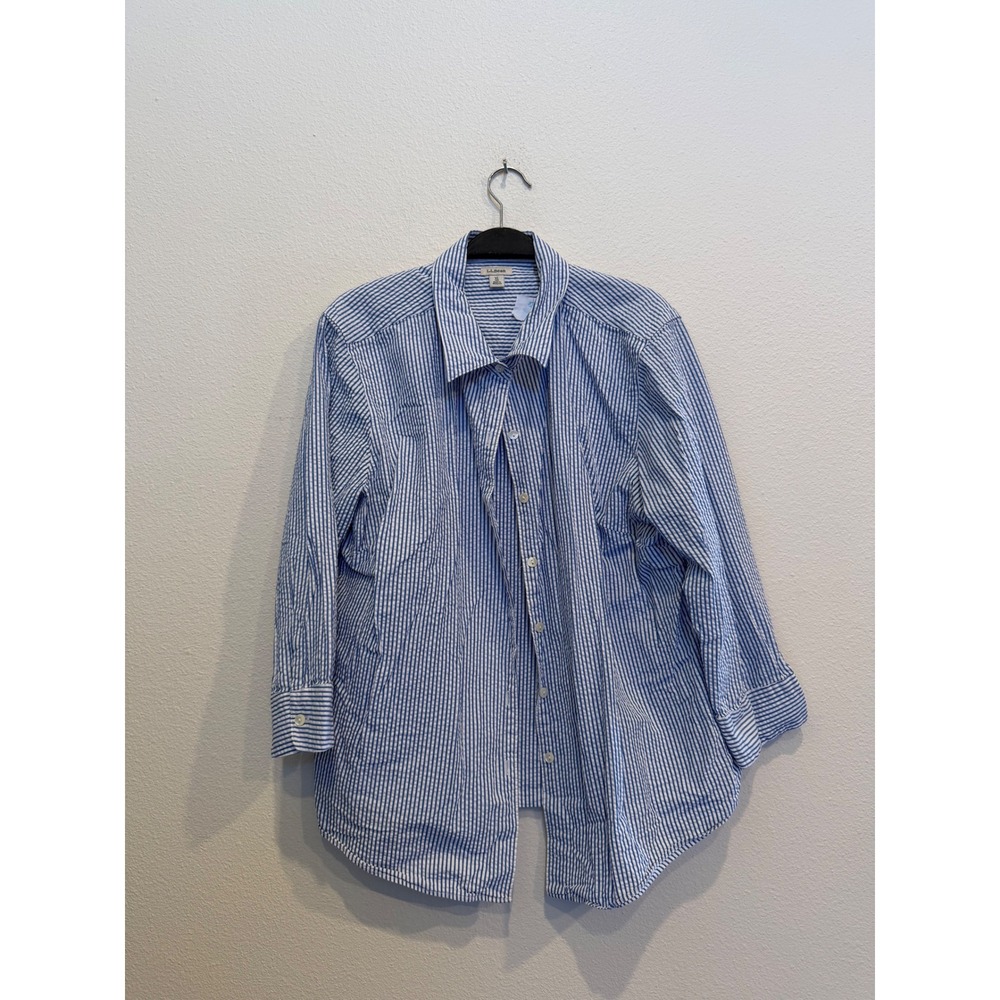 LL Bean Blue White Striped Seersucker Button Down Shirt XL Regular Long Sleeve